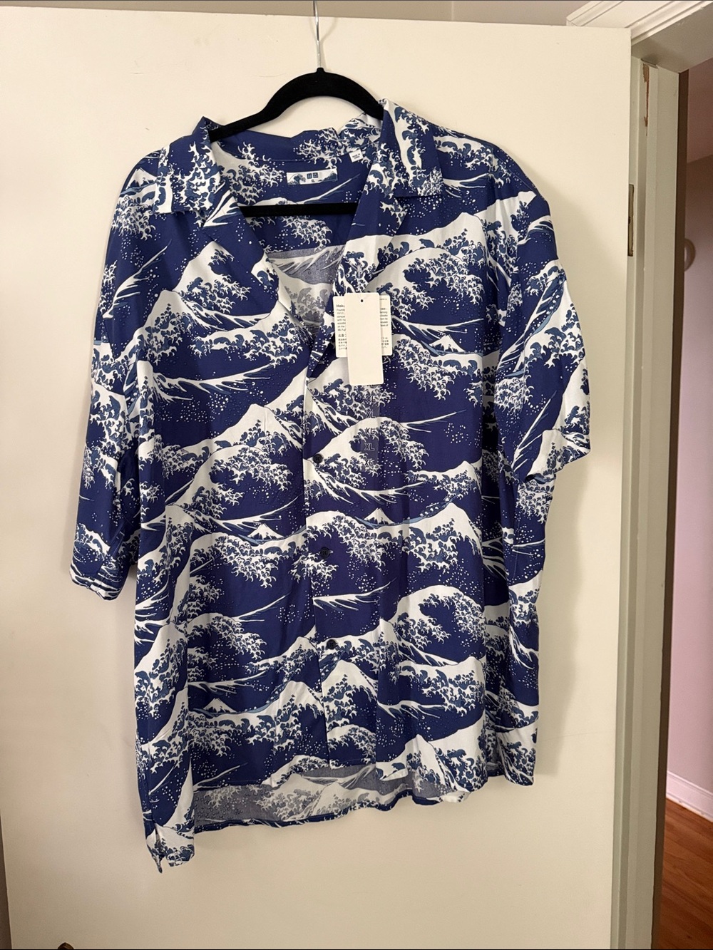 Blue & White Wave Print Button Down Short-Sleeve Shirt